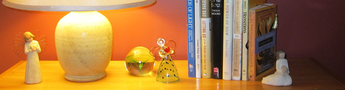 Books and ornaments on a hutch